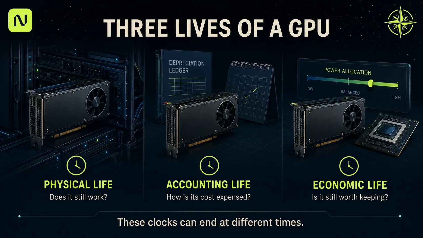Physical, accounting and economic lives ask different questions: whether a GPU still works, how its cost is expensed, and whether it remains the best use of power and capital.